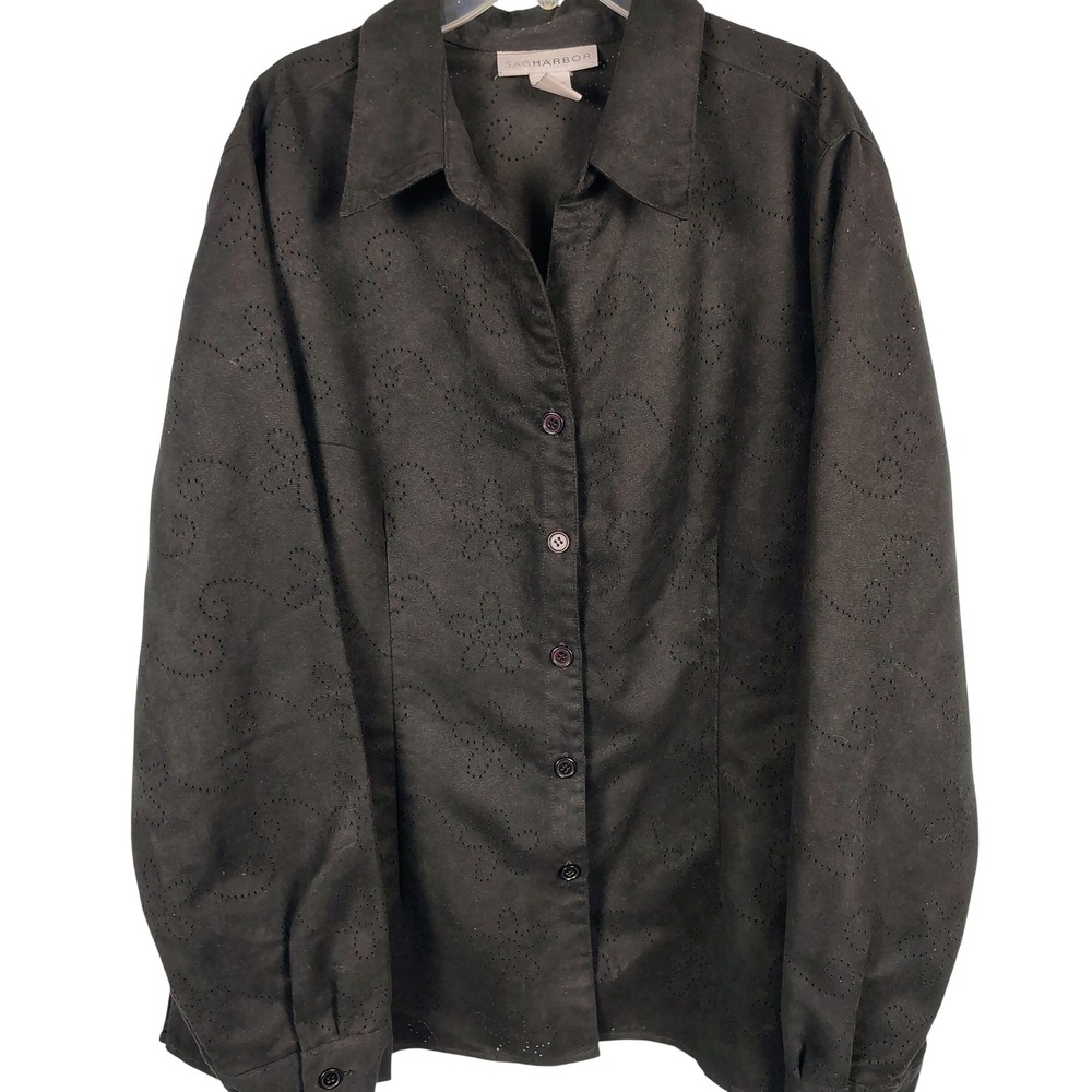 Sag Harbor Womens XL Faux Suede Eyelet Button Up Shirt Black Floral Whimsigoth